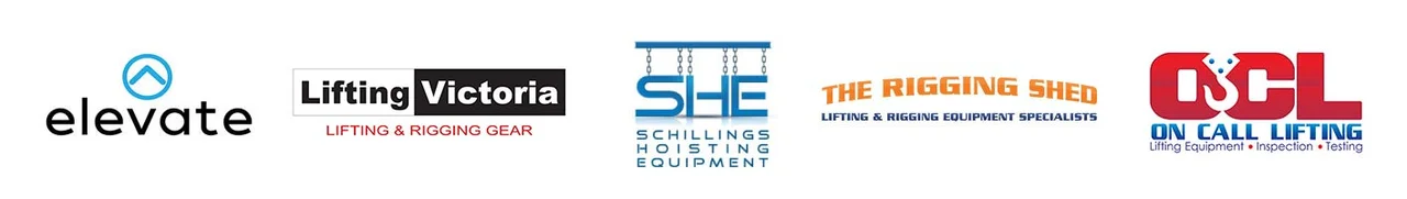 The Rigging Shed, Lifting Victoria, On Call Lifting, Elevate Lifting & Rigging, and Schillings Hoisting Equipment.